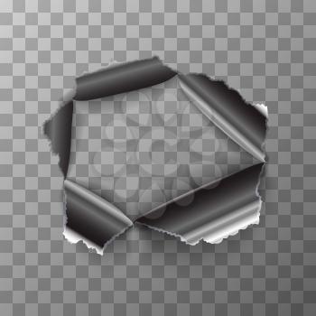 Torn hole in glossy polished metal plate on transparent background