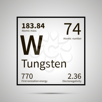 Tungsten chemical element with first ionization energy, atomic mass and electronegativity values ,simple black icon with shadow on gray