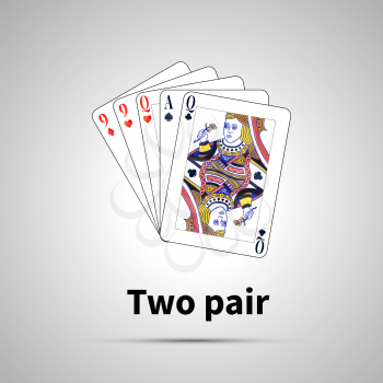 Two pair poker combination with shadow on gray