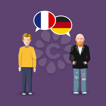 Two people with white speech bubbles with France and Germany flags. Language study conceptual illustration