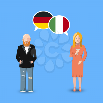 Two people with white speech bubbles with Germany and Italy flags. Language study conceptual illustration