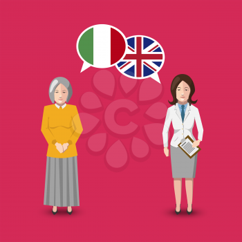 Two people with white speech bubbles with Great britain and Italy flags. Language study conceptual illustration