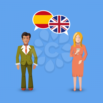 Two people with white speech bubbles with Great britain and Spain flags. Language study conceptual illustration