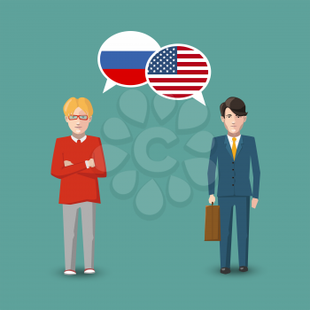 Two people with white speech bubbles with Russia and USA flags. Language study conceptual illustration