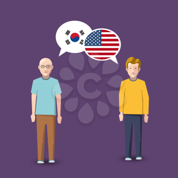 Two people with white speech bubbles with South Korea and USA flags. Language study conceptual illustration