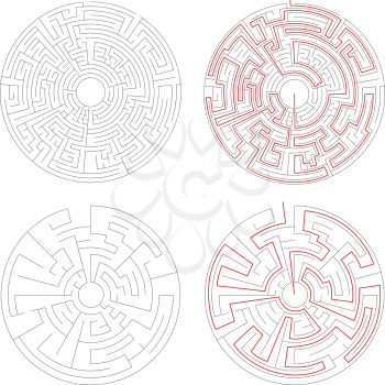 Two round mazes of medium complexity on white and solution with red paths