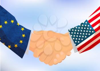 USA and European Union handshake, concept illustration on blue sky background