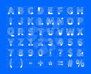 White architectural sketches of english alphabet on blue. Blueprint style font