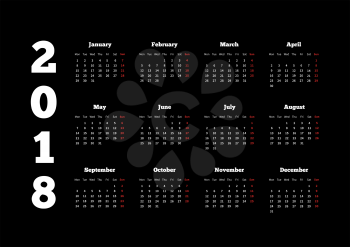 White calendar on 2018 year with week starting from monday on black background, A4 horizontal sheet