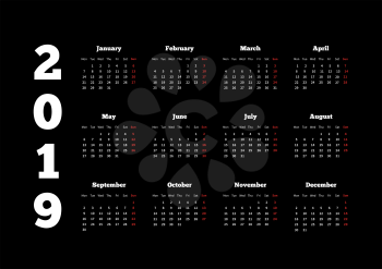 White calendar on 2019 year with week starting from monday on black background, A4 horizontal sheet