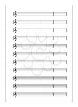 White music sheet with note grid with treble clef isolated on white