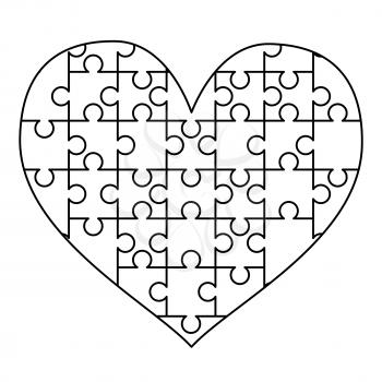 White puzzles pieces arranged in a heart shape. Easy Jigsaw Puzzle template ready for print. Cutting guidelines on white