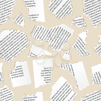 White torn paper pieces of text document on beige background, seamless pattern
