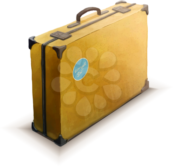 Yellow suitcase with sticker, realistic icon isolated on white