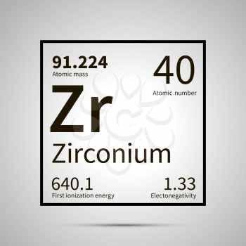Zirconium chemical element with first ionization energy, atomic mass and electronegativity values ,simple black icon with shadow on gray