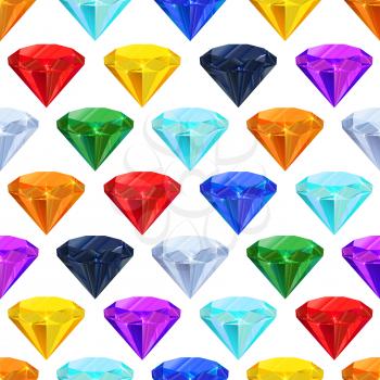 A lot of different colourful gemstones in a row on white, seamless pattern