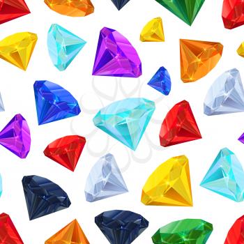A lot of different colourful gemstones on white, seamless pattern
