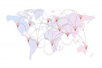 Air routes between cities with red pins on the world map on white
