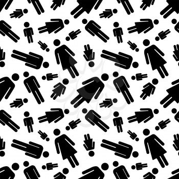 A lot of black simple men and woman icons on white, seamless pattern