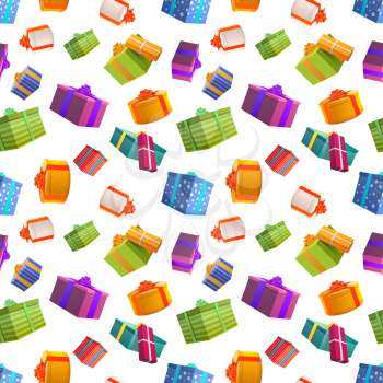 A lot of bright colorful gift boxes on white background, many presents seamless pattern.