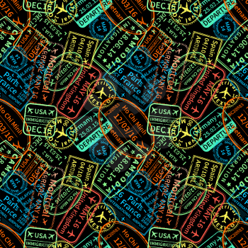 A lot of bright colorful immigration stamps on dark background, seamless pattern