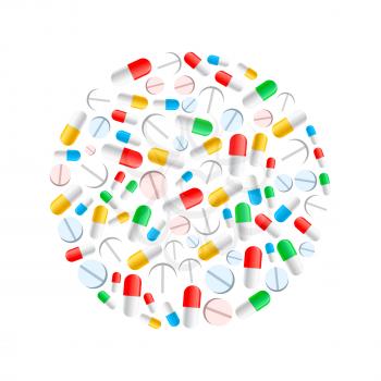 A lot of different colourful pills in circle shape isolated on white