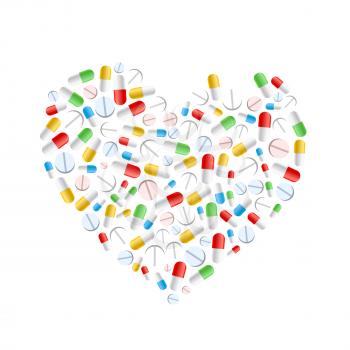 A lot of different colourful pills in heart shape isolated on white