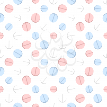 A lot of different colourful round pills on white, seamless pattern