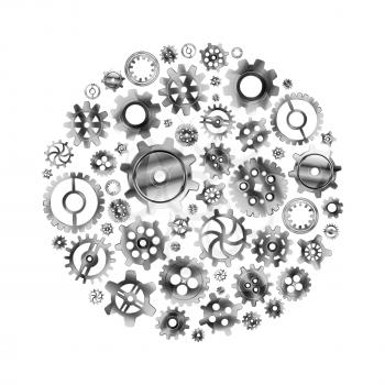 A lot of glossy metal cogwheels arranged in a circle shape isolated on white
