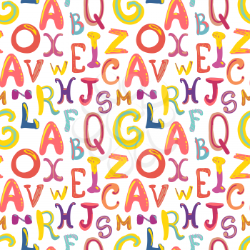 A lot of hand-drawn cute funky letters on white, seamless pattern