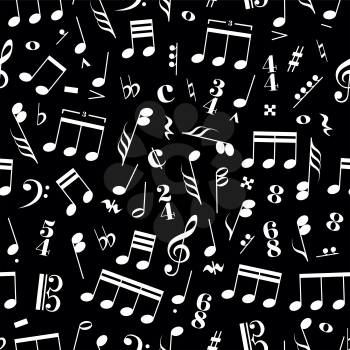 A lot of music signs and note on black background seamless pattern