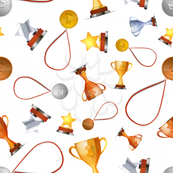 A lot of winners awards with medals, cups and stars on white, seamless pattern