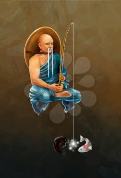 Asian monk in blue apparel with fishing rod catches koi carps, conceptual illustration