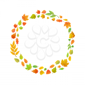 A wreath of autumn leaves. Cute leaves arranged in ring shape isolated on white