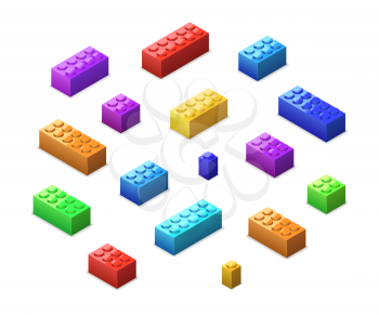 Big set of different colorful lego bricks in isometric view isolated on white