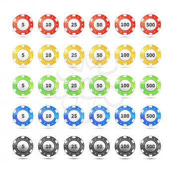 Big set of different nominal and colours casino chips isolated on white