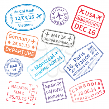 Big set of International travel visa stamps isolated on white. Arrivals sign rubber stamps.