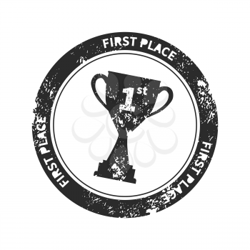 Black retro stamp imprint with winner cup award for first place isolated on white