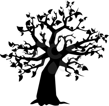 Black tree with leaves silhouette isolated on white