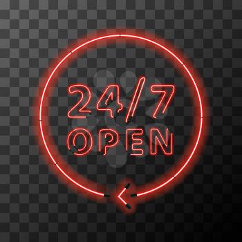 Bright red realistic neon around the clock sign,24 hours 7 days open