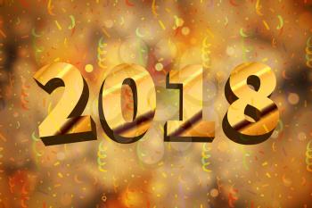 Bright yellow magic light with serpantin and confetti, abstract 2018 new year background