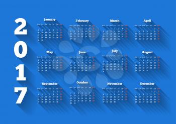 Calendar on 2017 year in modern flat design style with long shadow and week starting from monday on blue background, A4 sheet size