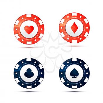 Casino chips with card suits symbols isolated on white