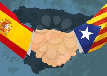 Catalonia and Spain handshake, concept illustration with map
