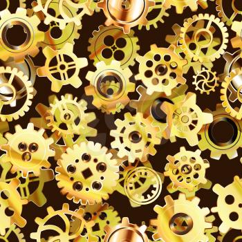 Clockwork mechanism seamless pattern with glossy golden steampunk cogwheels
