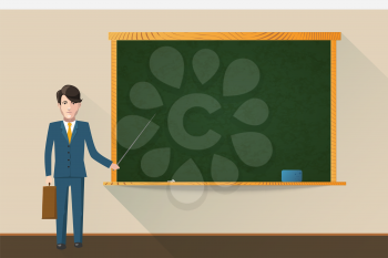 College teacher with empty green school chalkboard in wooden frame with chalk and sponge on shelf in bright classroom