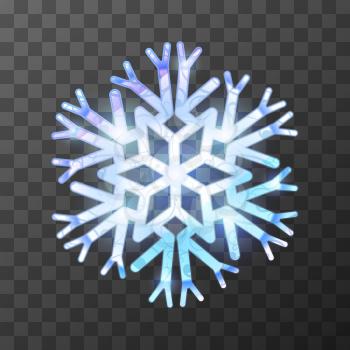 Colorful icy snowflake with bright light and reflections on transparent background