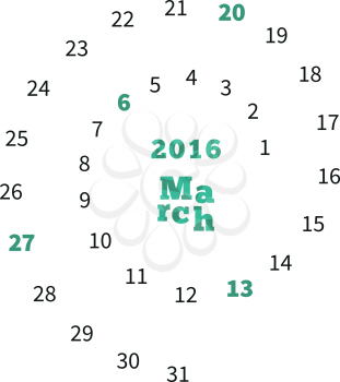 Creative calendar on March 2016 with dates on spiral