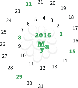 Creative calendar on May 2016 with dates on spiral