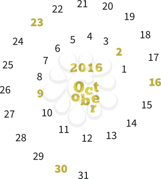 Creative calendar on October 2016 with dates on spiral